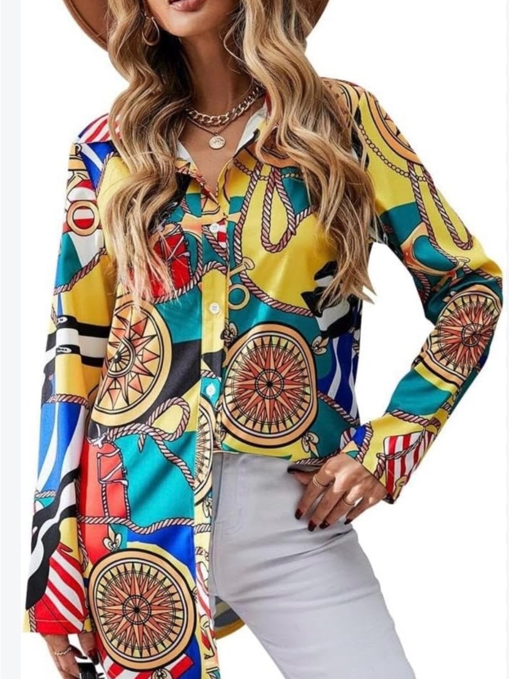 SHEIN Multicolor Nautical Compass Print Button-Down Shirt